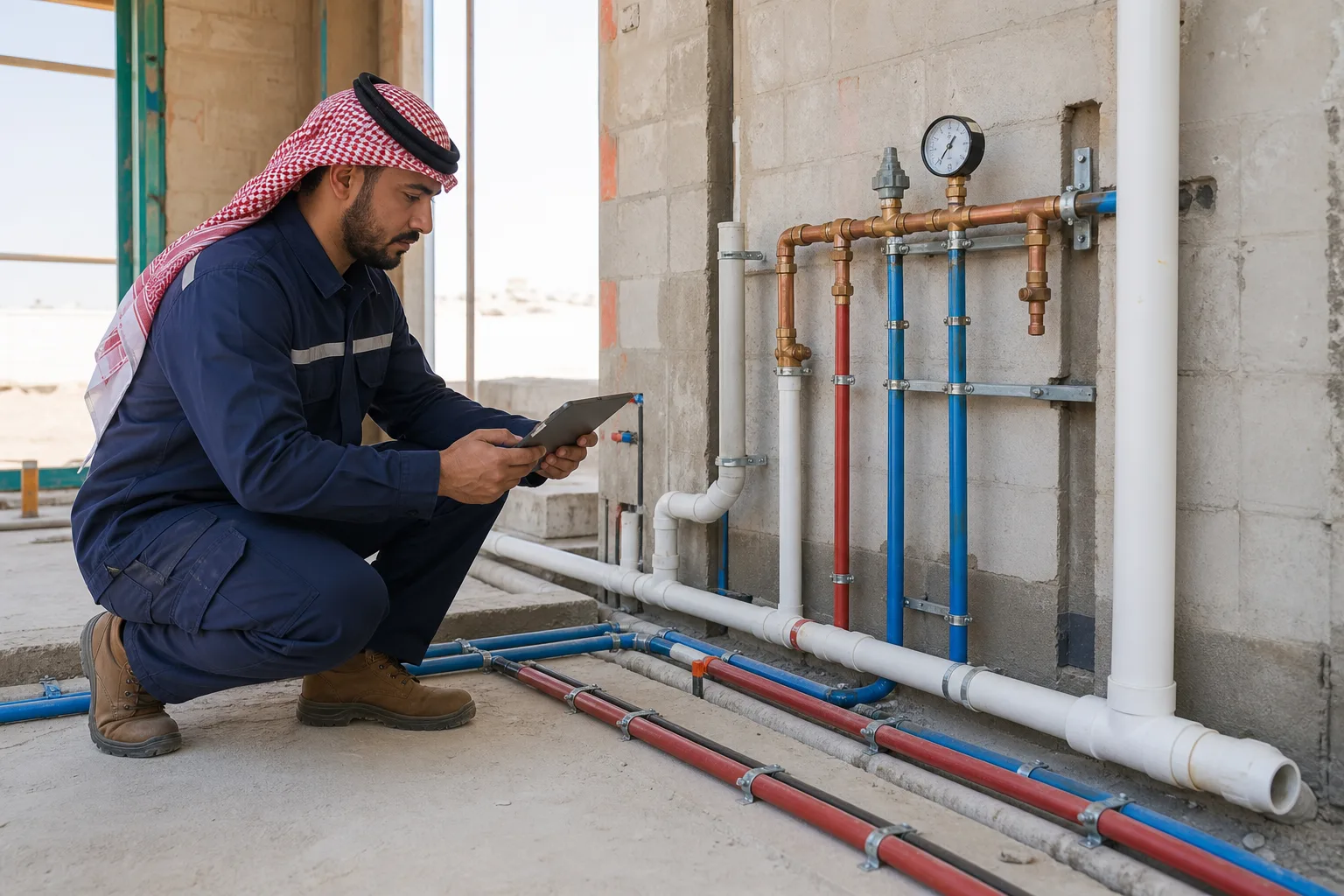 تأسيس سباكة المنزل واختبار الضغط قبل إغلاق الجدران